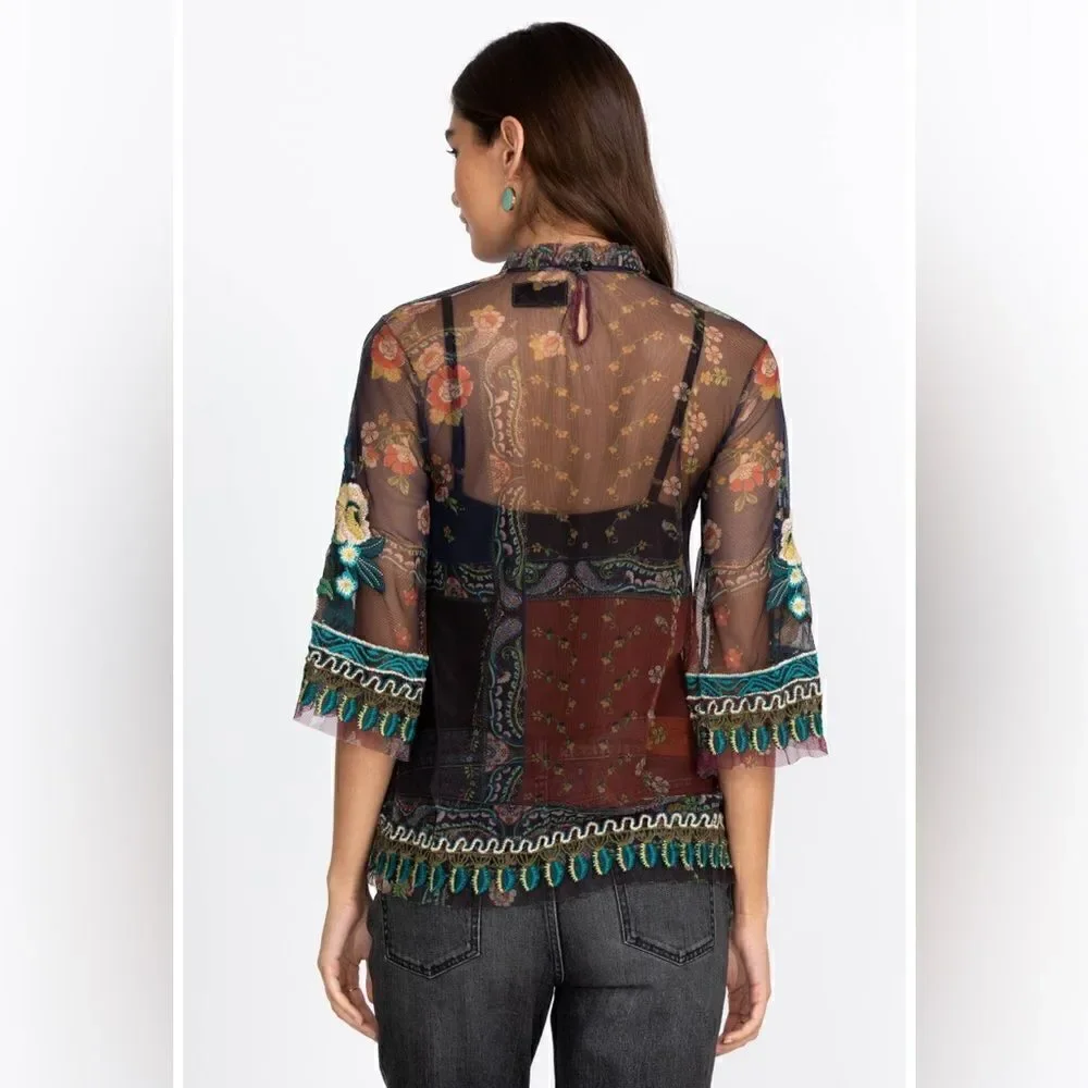 Johnny Was Renley Black Brown Blouse Sheer Mesh Floral Embroidered Size  XS